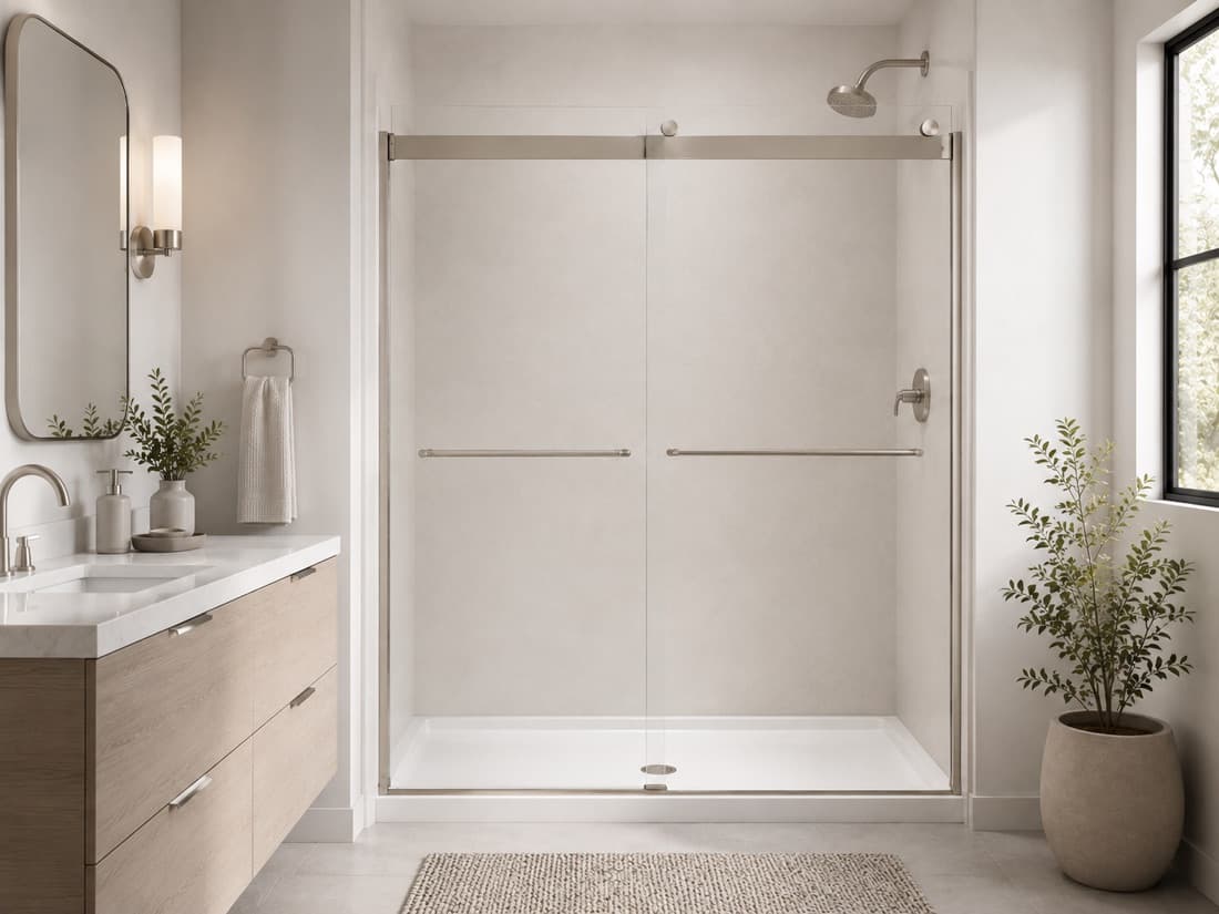 Finished walk-in shower with SwanStone solid-surface walls, a sliding glass door, and brushed-nickel fixtures